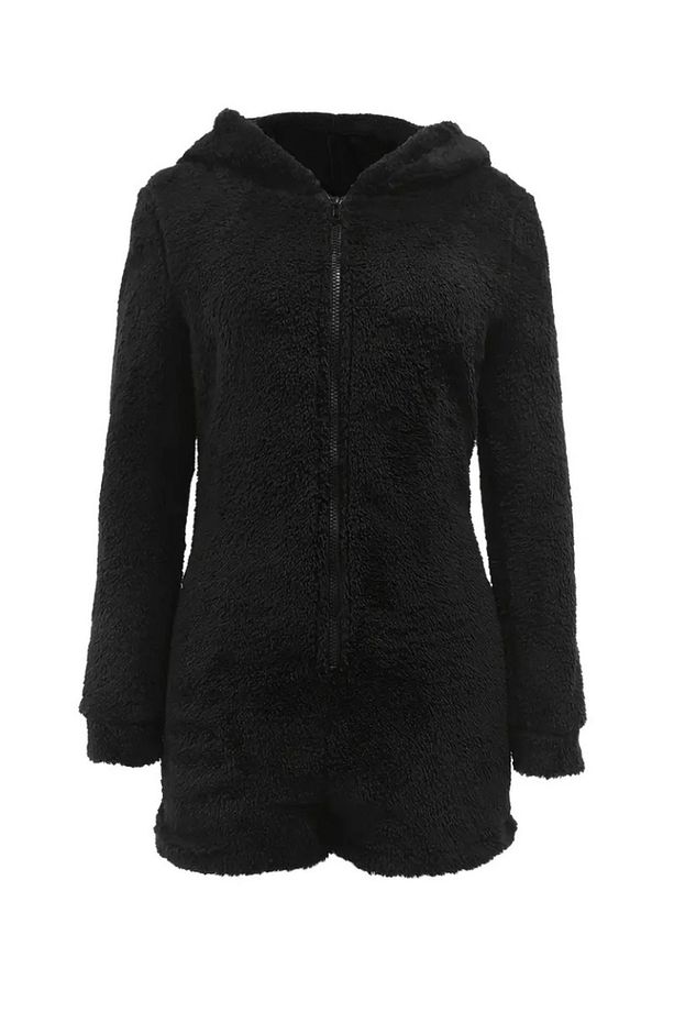 Siyah Yumuşak Dokulu Konfor Modeli Kapüşonlu Ayı Kulaklı Yumoş Kadın Polar Peluş Şortlu Tulum Pijama - 2