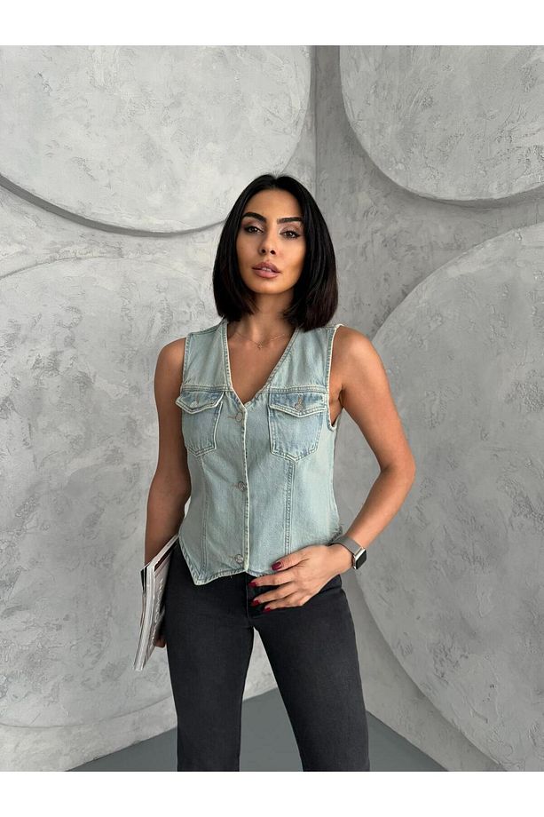 DÜĞMELİ V YAKA TİNT DENIM YELEK - 1