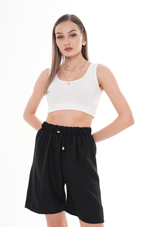 Women's Rope Detailed Sofia Linen Shorts 250007 -