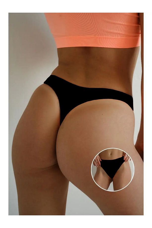Navelli Model Seamless Örme Model Düz Desensiz Külot String Siyah Renk - 3