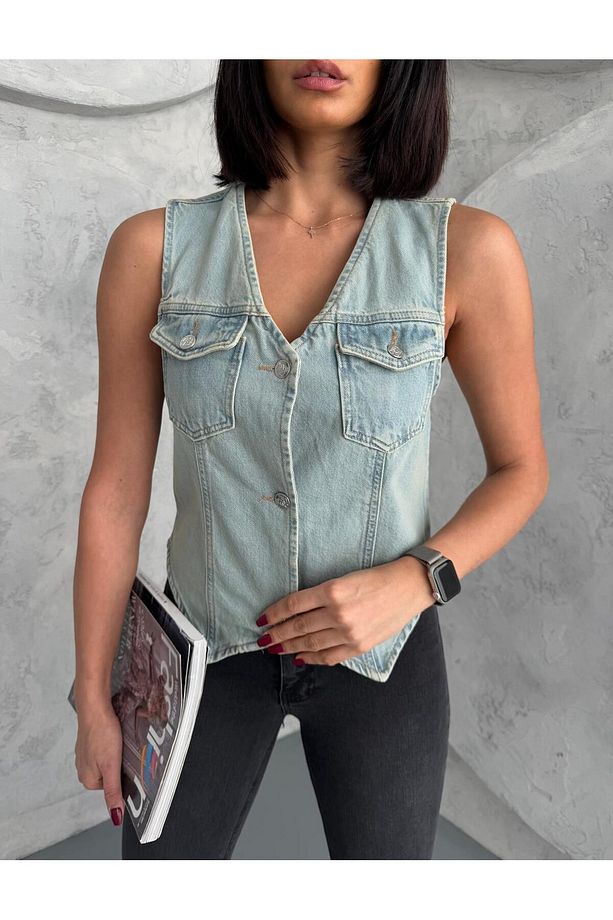 DÜĞMELİ V YAKA TİNT DENIM YELEK - 7