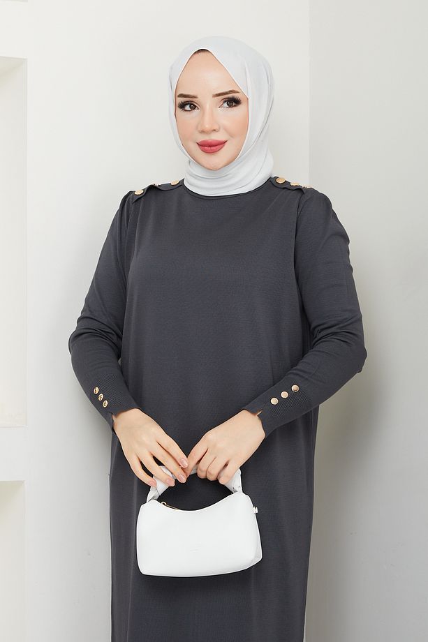 Kadın Omuzu Apoletli Merserize Triko Elbise Antrasit - 6