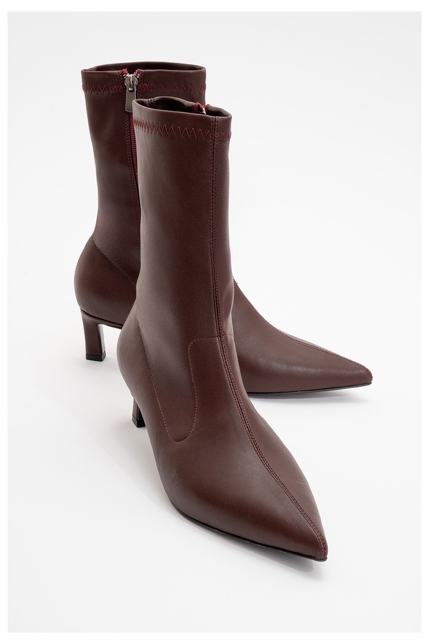 Lewin Burgundy Skin Pointed Toe Women's Thin Heeled Boots