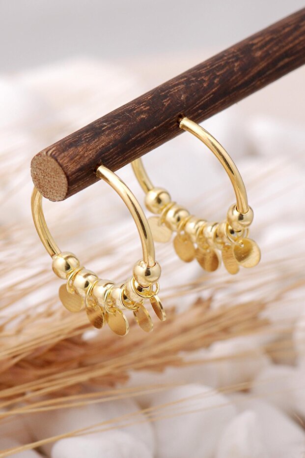 Pullu Altın Yaldızlı Gümüş Halka Küpe 5707 - 7