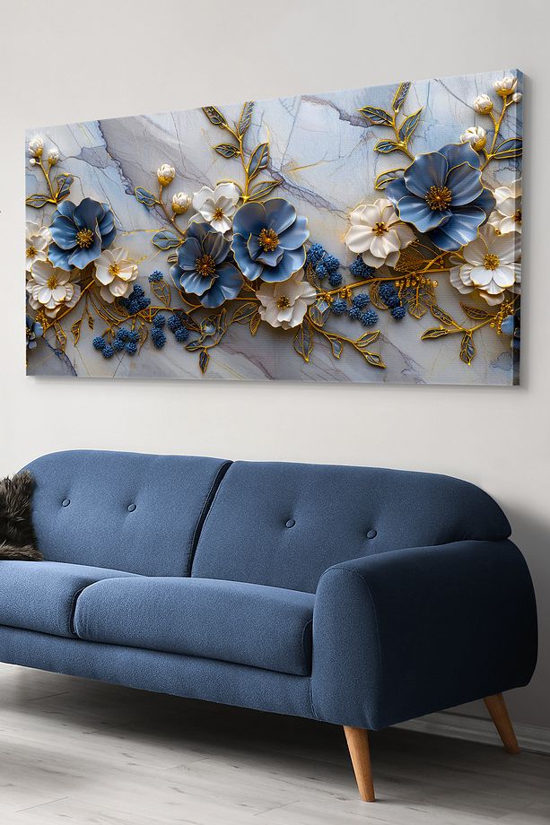Mavi Beyaz Çiçekler Tek Parça Kanvas - Canvas Tablo - 2