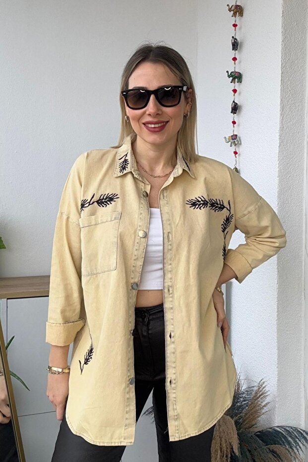 Oversize Başak Nakış Desen Taş Gabardin Gömlek - 1