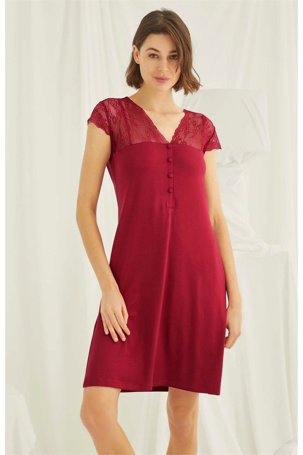 Monamise 18480 Women's Red V Neck Front Button Lace Short Sleeve Mini Nightgown