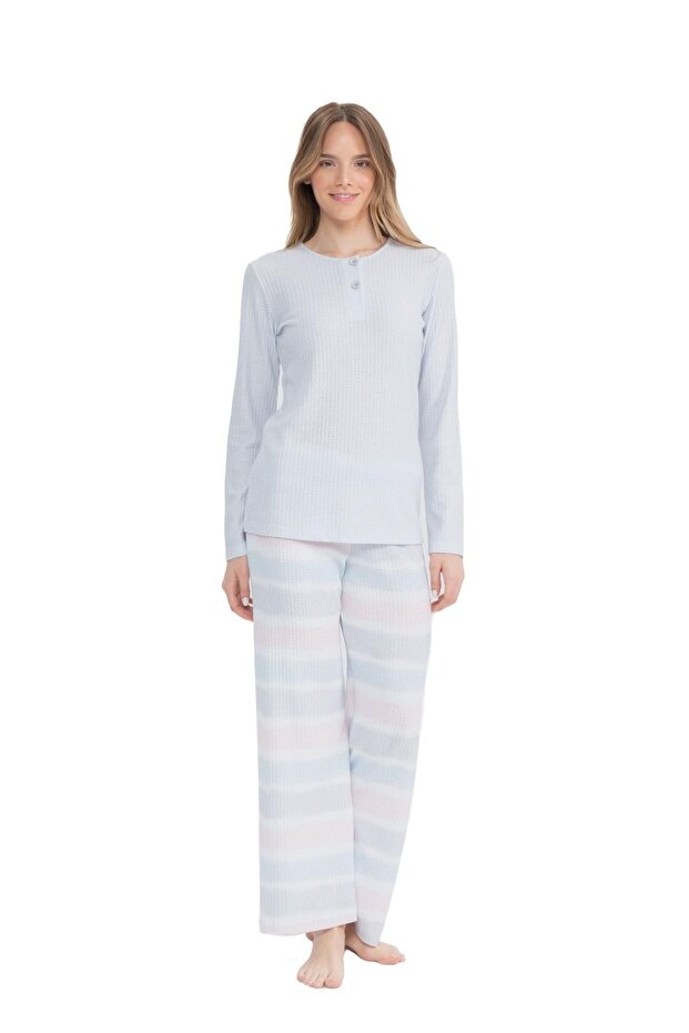 17096 Women's Gray Long Sleeve Placket Pajamas Set