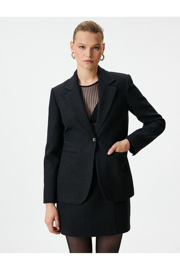 Simli Tek Düğmeli Blazer Ceket - 3