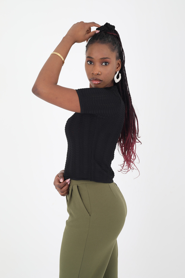 Short Sleeve Openwork Blouse - 4