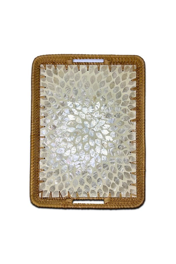 White Design Sedef Kaplama Rattan Dikdörtgen Tepsi - 1