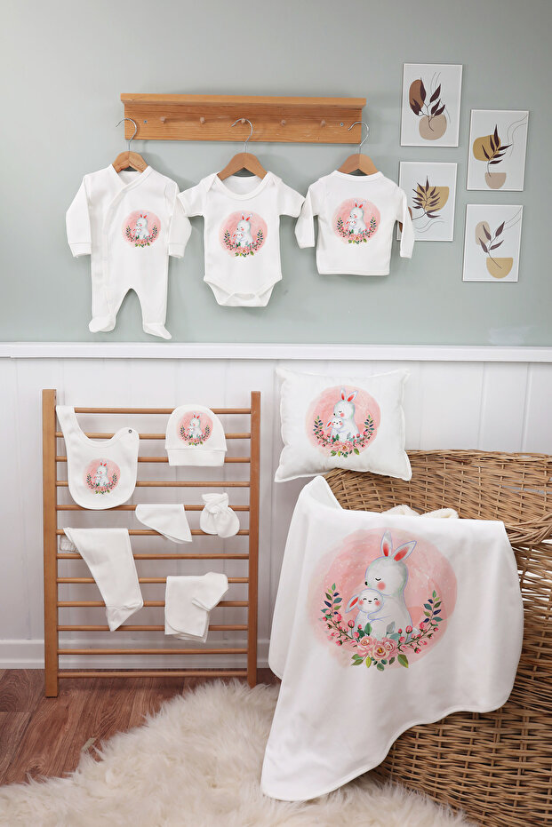 11 Piece Cute Rabbit Family Printed Newborn Hospital Release Set 100% Cotton