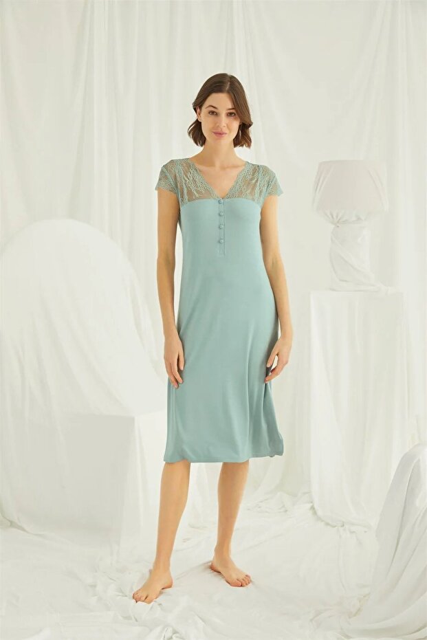 Women's Light Green Lace Collar Buttoned Nightdress 18463