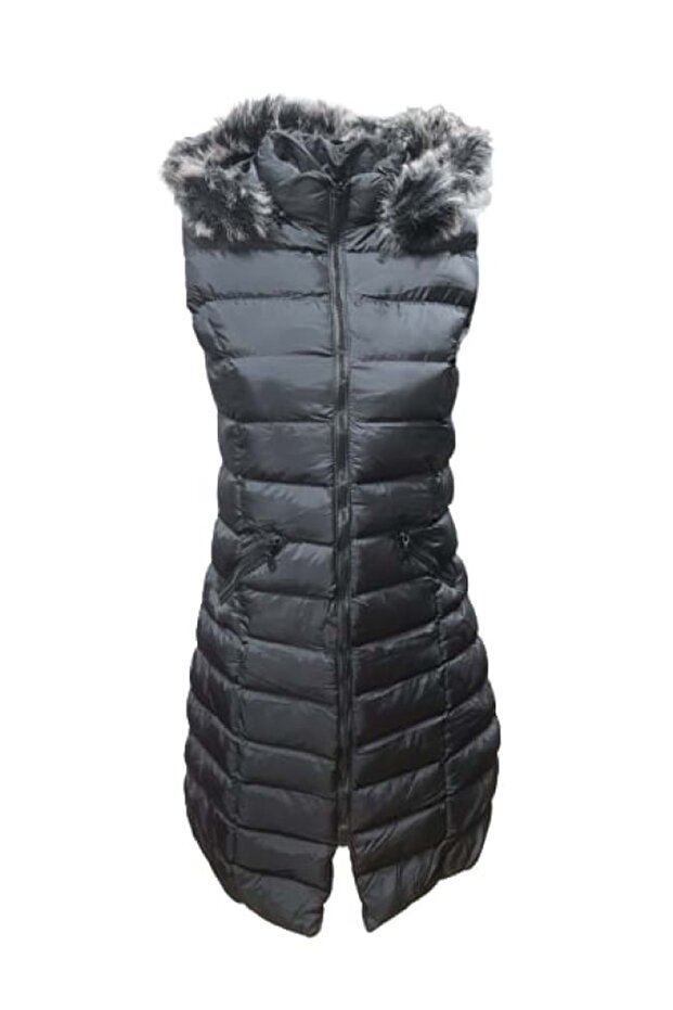 A1015 Model - Hooded Fur Black Long Women's down Vest - St01336-Black-38