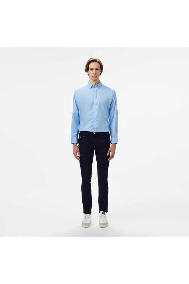 Erkek Regular Fit Düğmeli Yaka Mavi Gömlek - 4