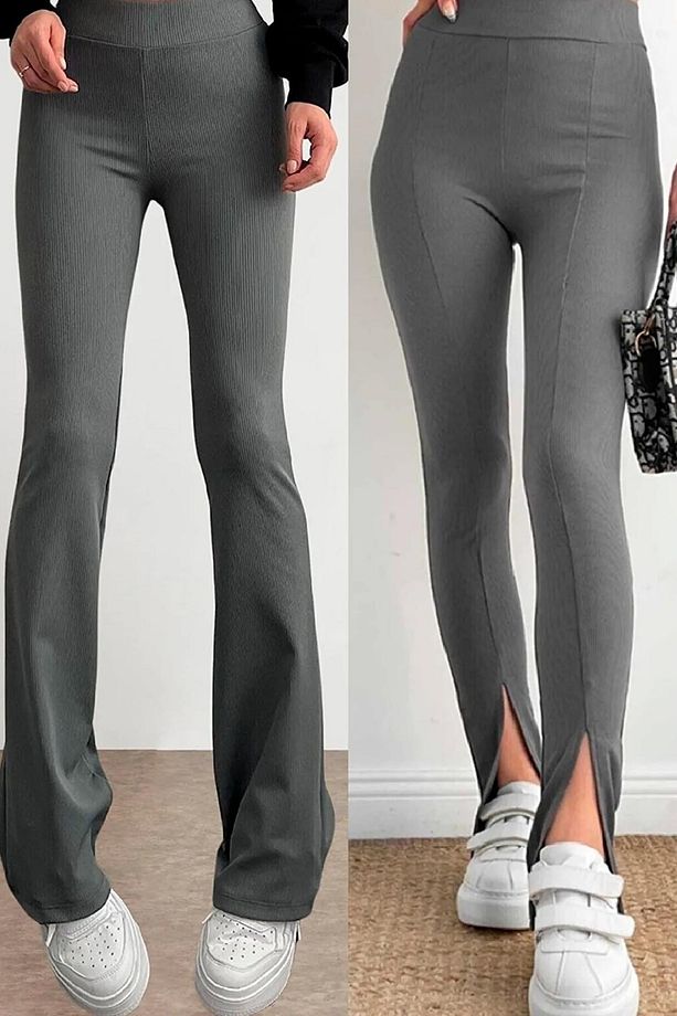 Kadın Fitilli 2li Set Ispanyol Paça ve Yırtmaçlı Tayt Pantalon 2 Adet - 1