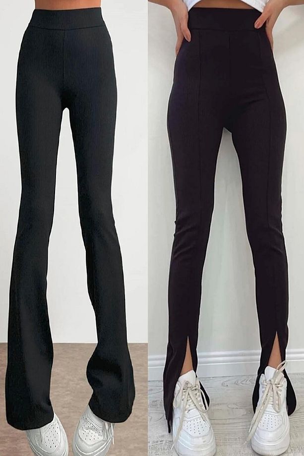 Kadın Fitilli (2li Set) Ispanyol Paça Ve Yırtmaçlı Tayt Pantalon 2 Adet - 1
