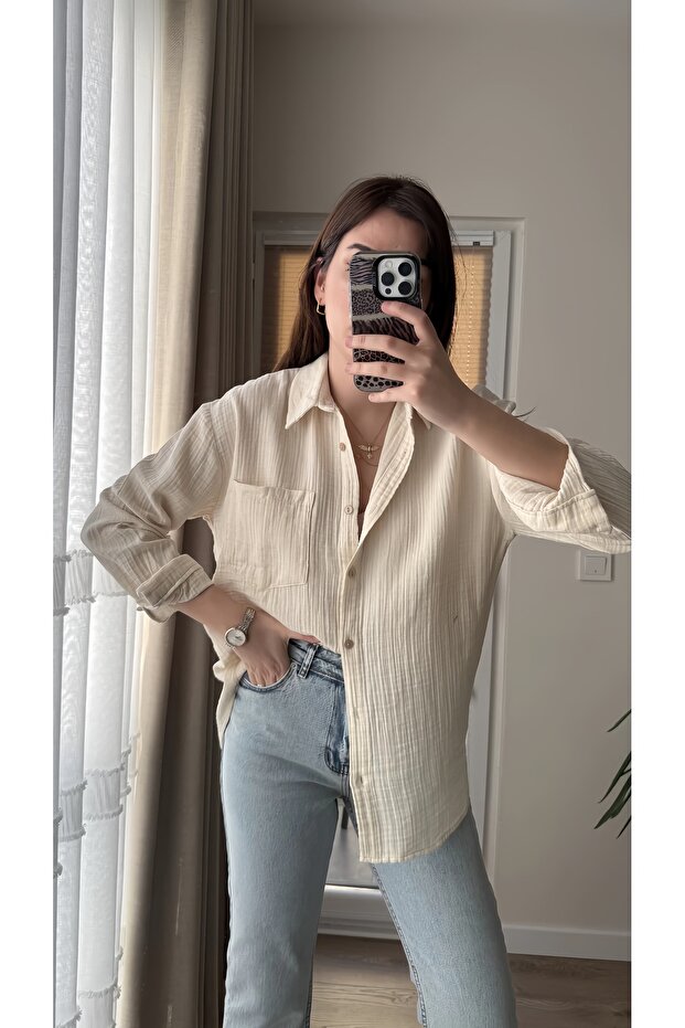 Bej Kadın Cepli Oversize Müslin Gömlek - 1