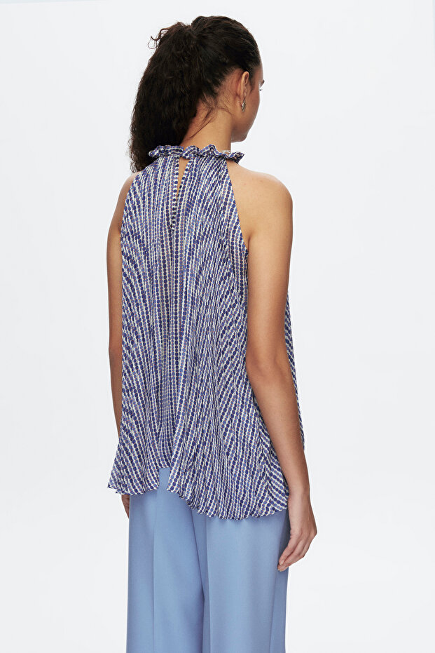 Crocus Halter Yaka Piliseli Desenli Bluz - 4