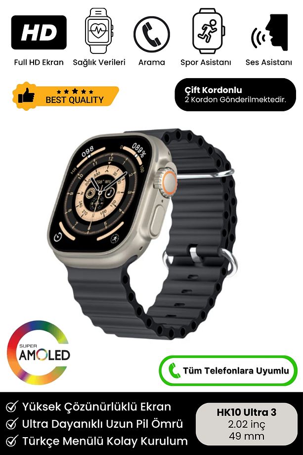 Yeni Nesil HK10 Ultra 3 Chat GPT Amoled HD Ekran Spor Sağlık Sensörlü iOS Android Uyumlu Akıllı Saat - 1