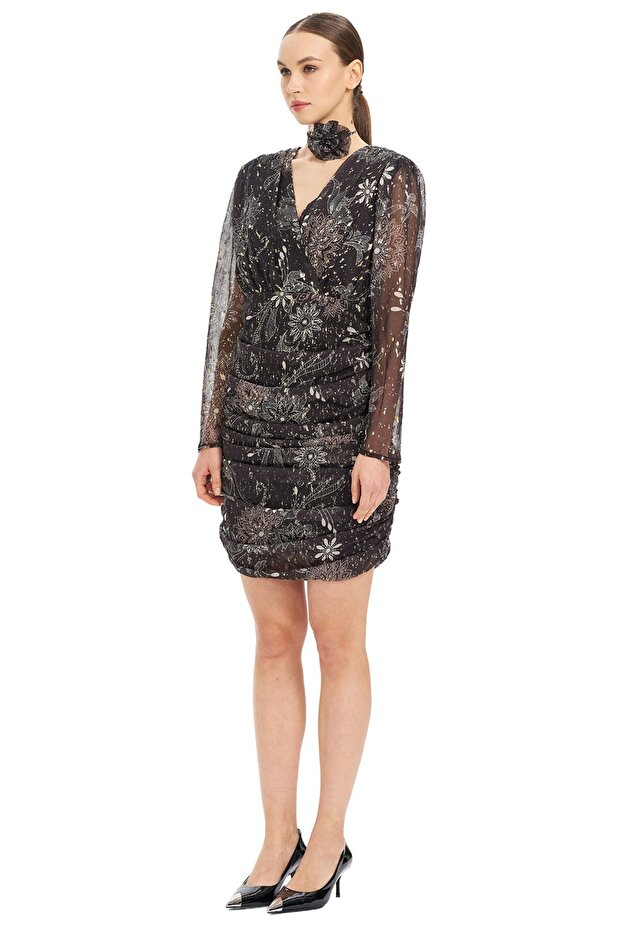 V Yaka Drape Detaylı Mini Elbise - 2