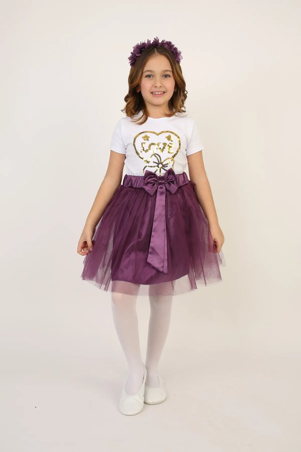 Girl's Love Heart T-Shirt Purple Tutu Skirt Suit April 23, October 29 Show Outfit