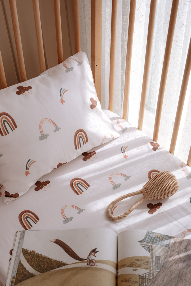 Single , Children's Fitted Sheet Set, 100% Cotton Satin - Rainbow