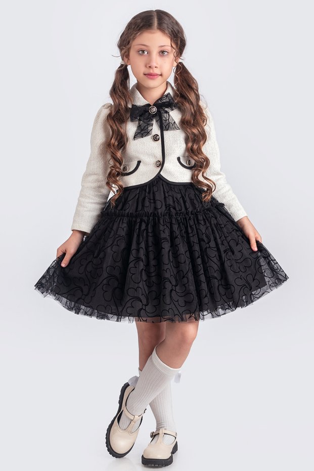Flocked Printed Tulle Ball Gowns with Bolero Girls' Dress