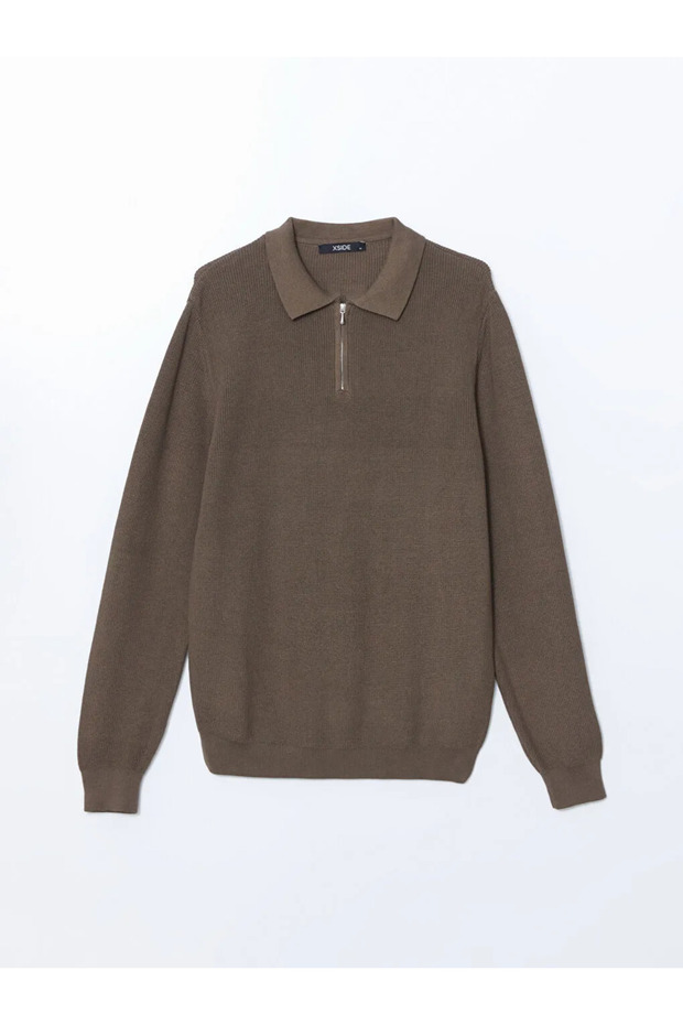Xside Khaki Polo Neck Long Sleeve Men's Knitwear Sweater