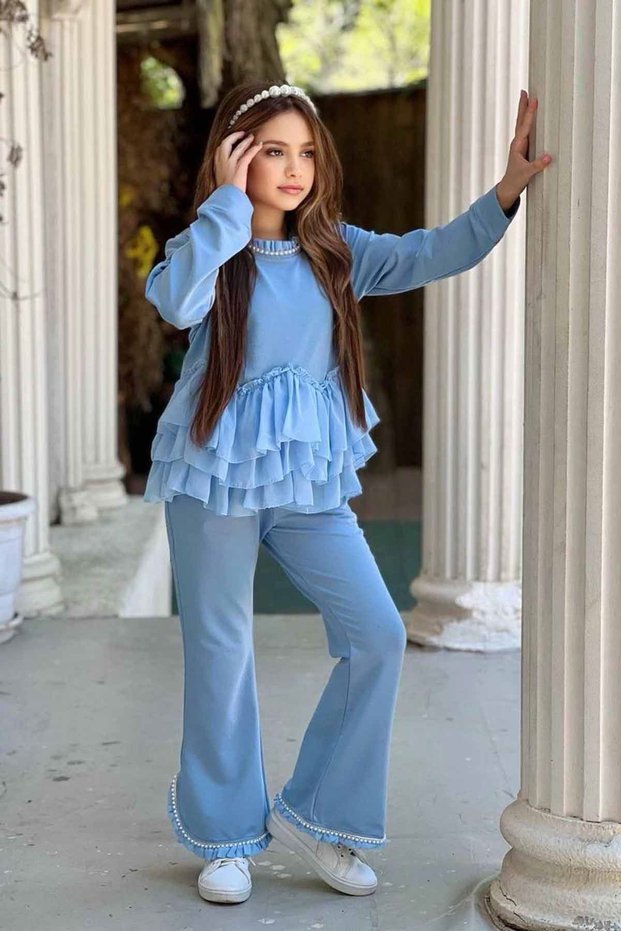 My Little Girl's Girls' Suit with Stone Detail and Slit Pants - Blue