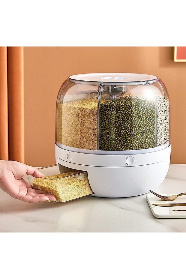 6-Grid 360° Rotating Cereal & Grain Dispenser, Airtight Storage with One-Click Output