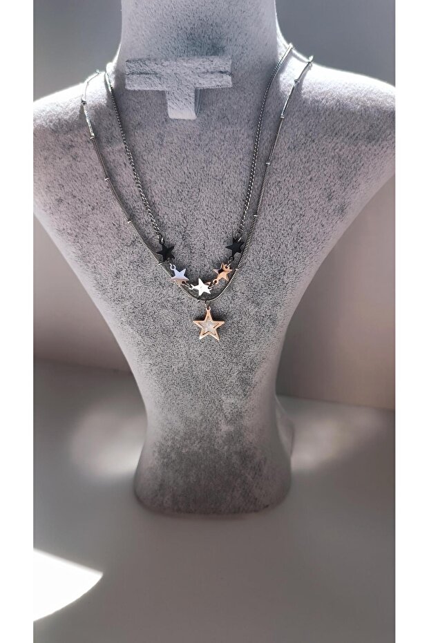 Double Ball Chain Star Row Moire Star End Necklace