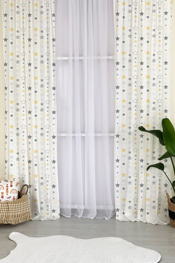 140X260 TEK KANAT Gri Sarı Yıldızlar Fon Perde Modeli F789 - 1