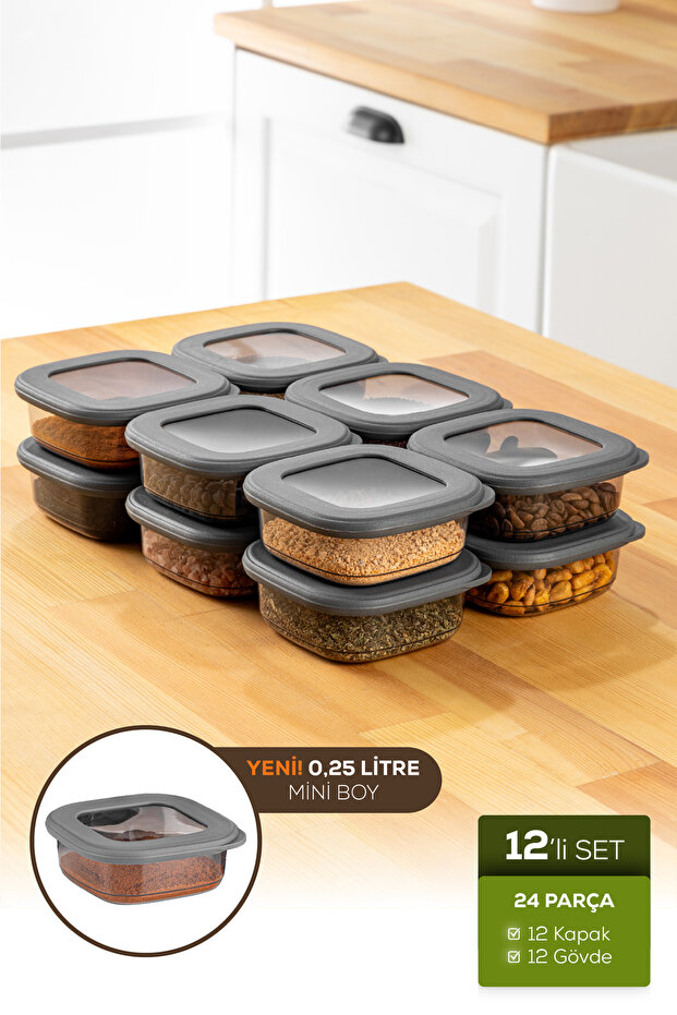 12-Piece Set of Lux Airtight Food and Spice Storage Containers with Labels, 0.25 Lt Anthracite