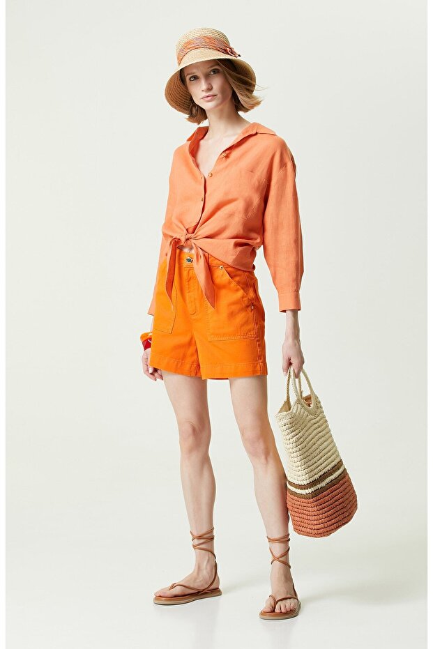 Yanık Turuncu Düz Paça Denim Şort - 1