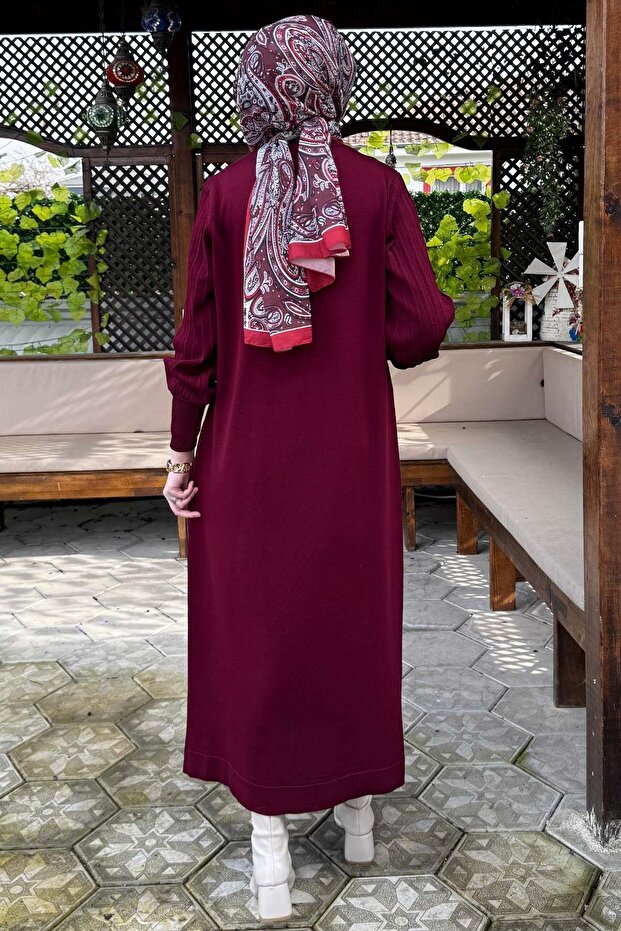 Yağmur Triko Elbise Bordo - 7