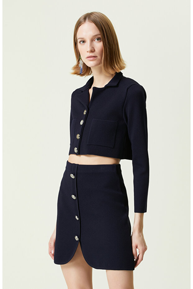 Lacivert Gömlek Yaka Triko Ceket - 1