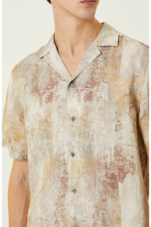 Bej Baskılı Keten Gömlek - 5