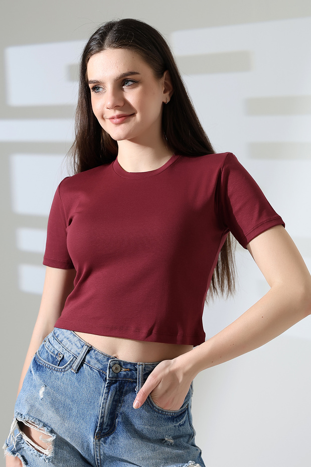 Cotton Compact Combed Ribbed Crew Neck Crop T-Shirt 21560 Claret Red