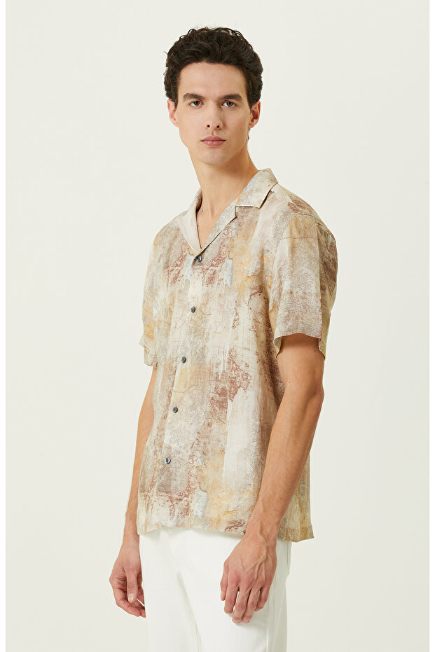 Bej Baskılı Keten Gömlek - 3