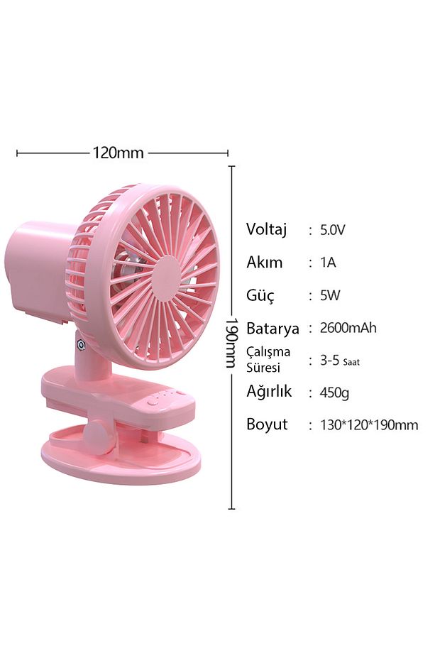 3 Kademe Şarjlı Mandallı 120° Taşınabilir Fan Vantilatör F02 - 4