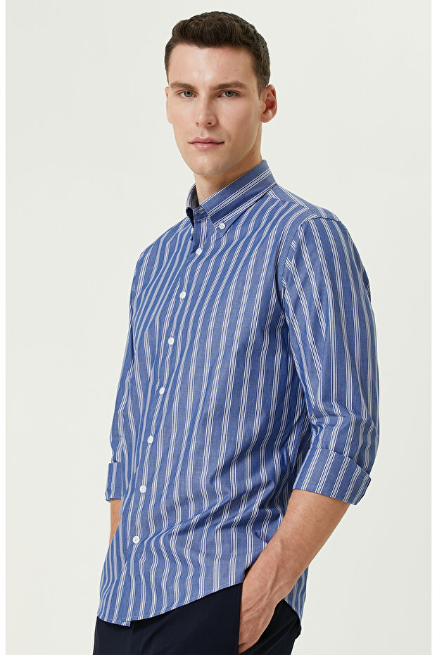 Mavi Çizgi Desenli Gömlek - 1