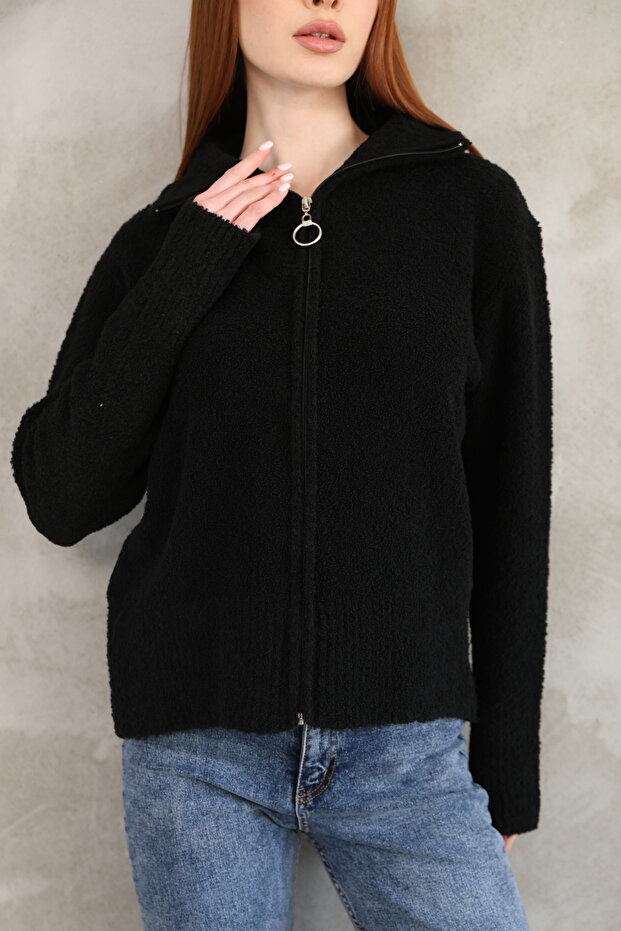 Women's Black Boucle Zippered Half Turtleneck Knitwear Cardigan