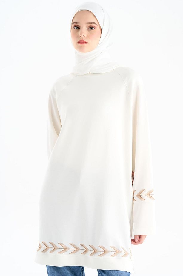 Nakış Detaylı Örme Tunik - Ekru - 2