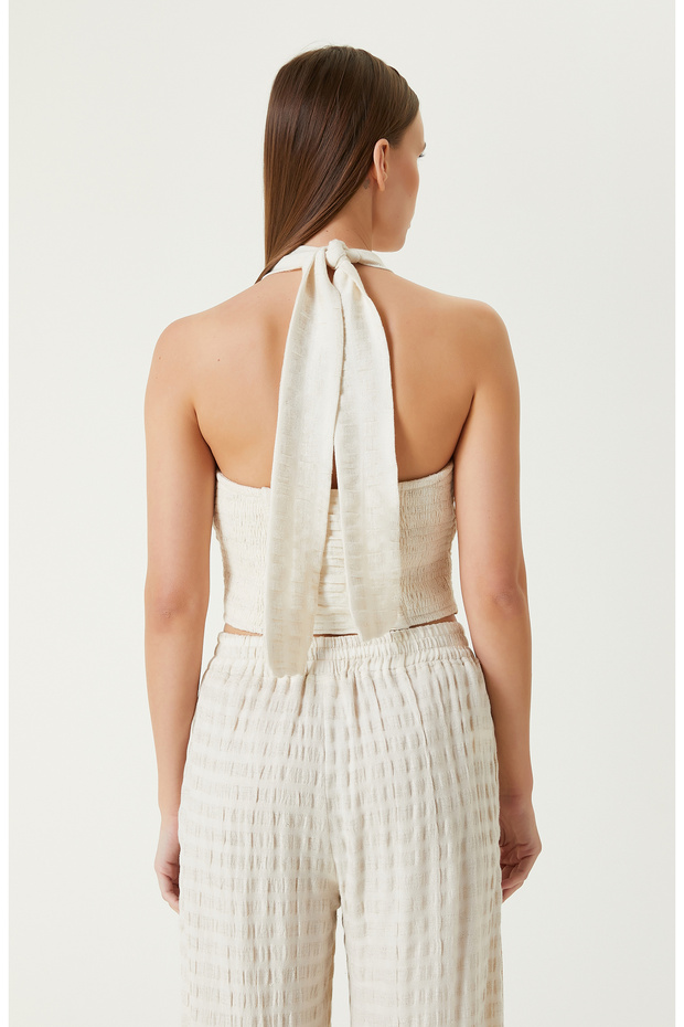 Ekru Bej Çizgili Plaj Bluz - 6