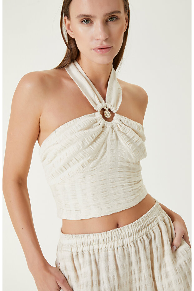 Ekru Bej Çizgili Plaj Bluz - 2