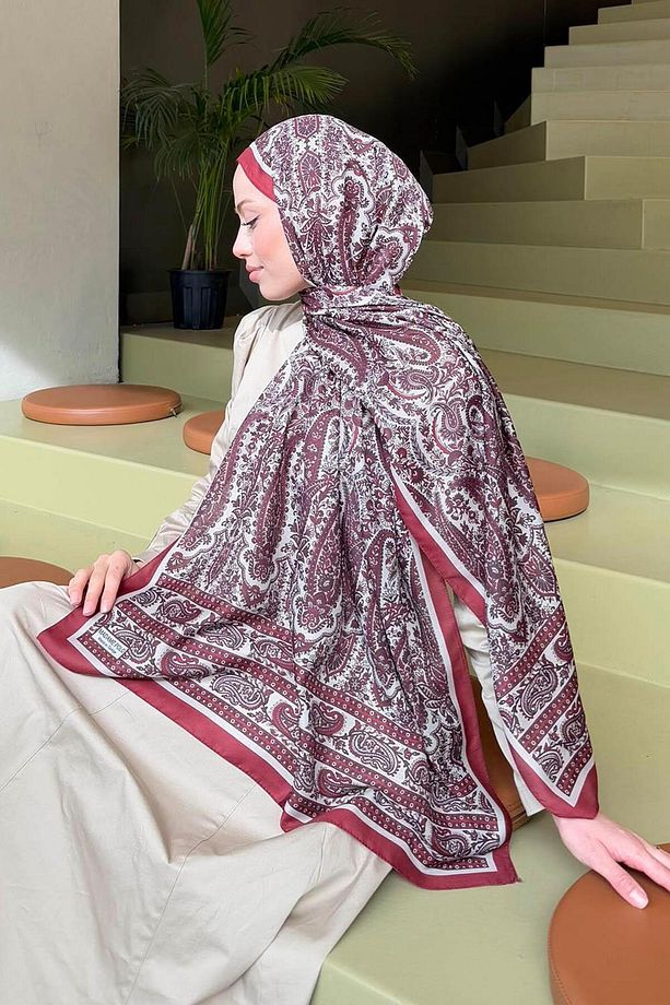 Retro Desenli Soft Şal Bordo Bej - 3