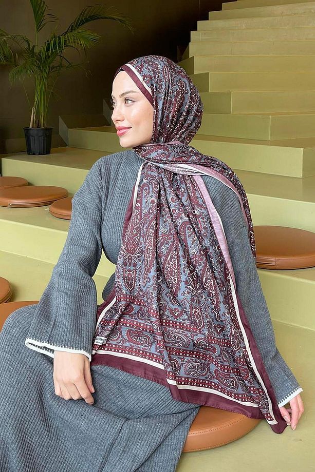 Retro Desenli Soft Şal Bordo - 4