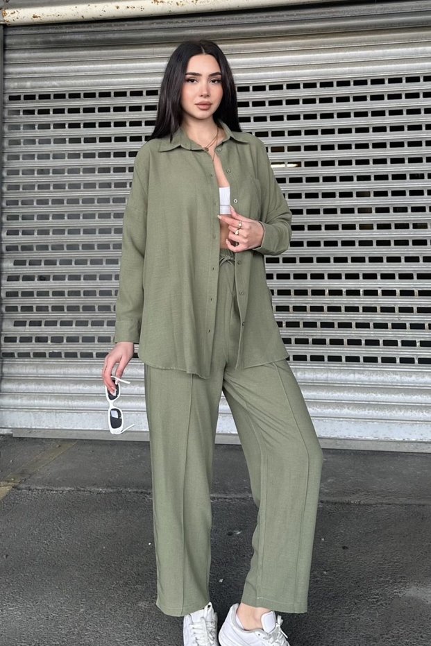 Women's Long Sleeve Shirt Wide Leg Pants Linen Casual Suit