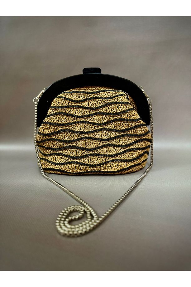 Ahşap burslu Clutch çanta kâğıt ip el örgüsü çanta - 8